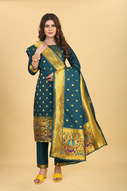 Paithani Silk With Zari Weaving Salwar Suit ( Unstitched ) Rama