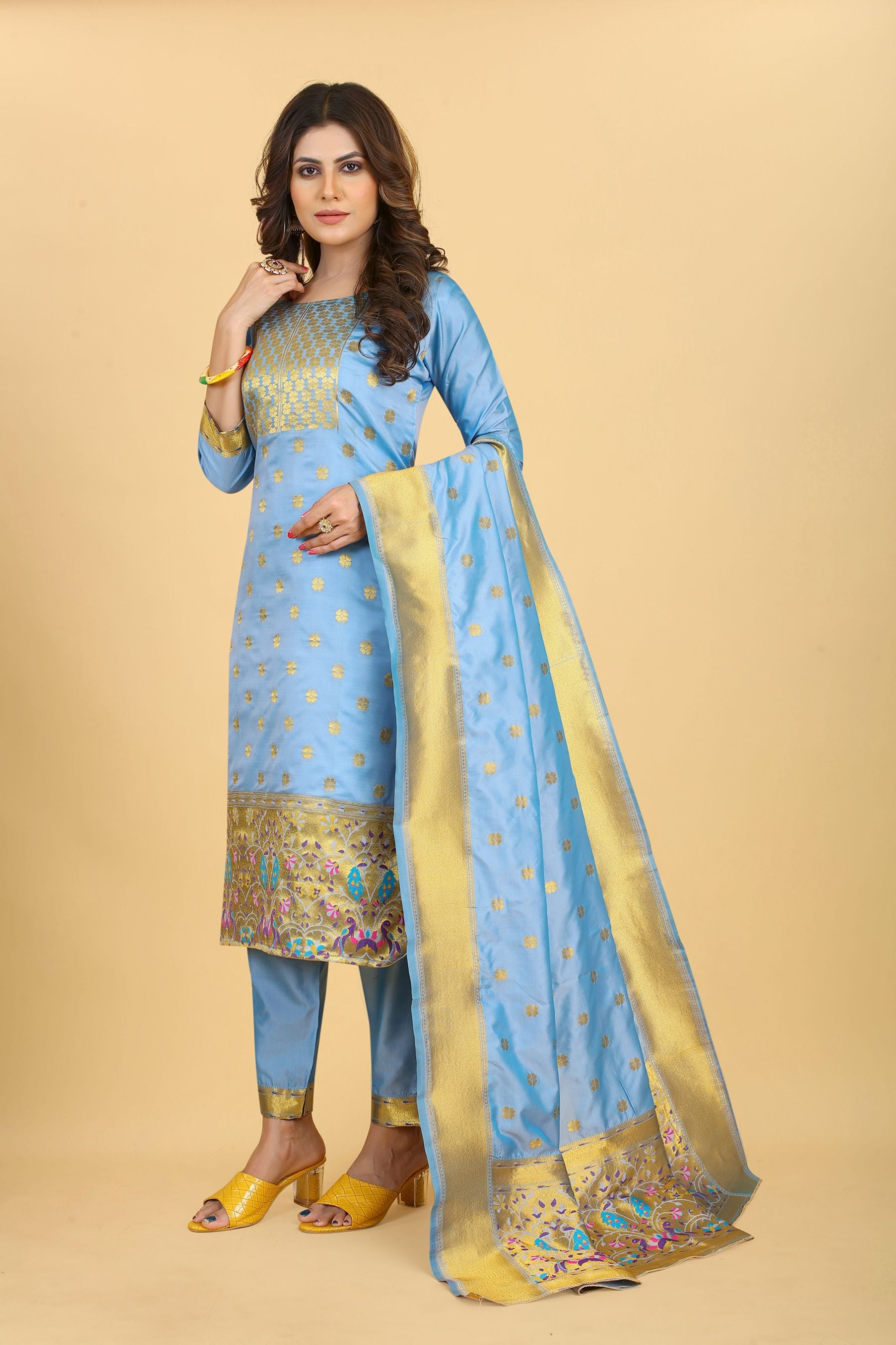 L Grey Color Part Wear Dress material for suits in Paithani Style