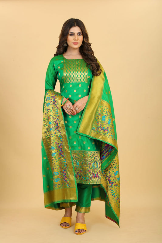 Paithani Silk With Zari Weaving Salwar Suit ( Unstitched ) Green