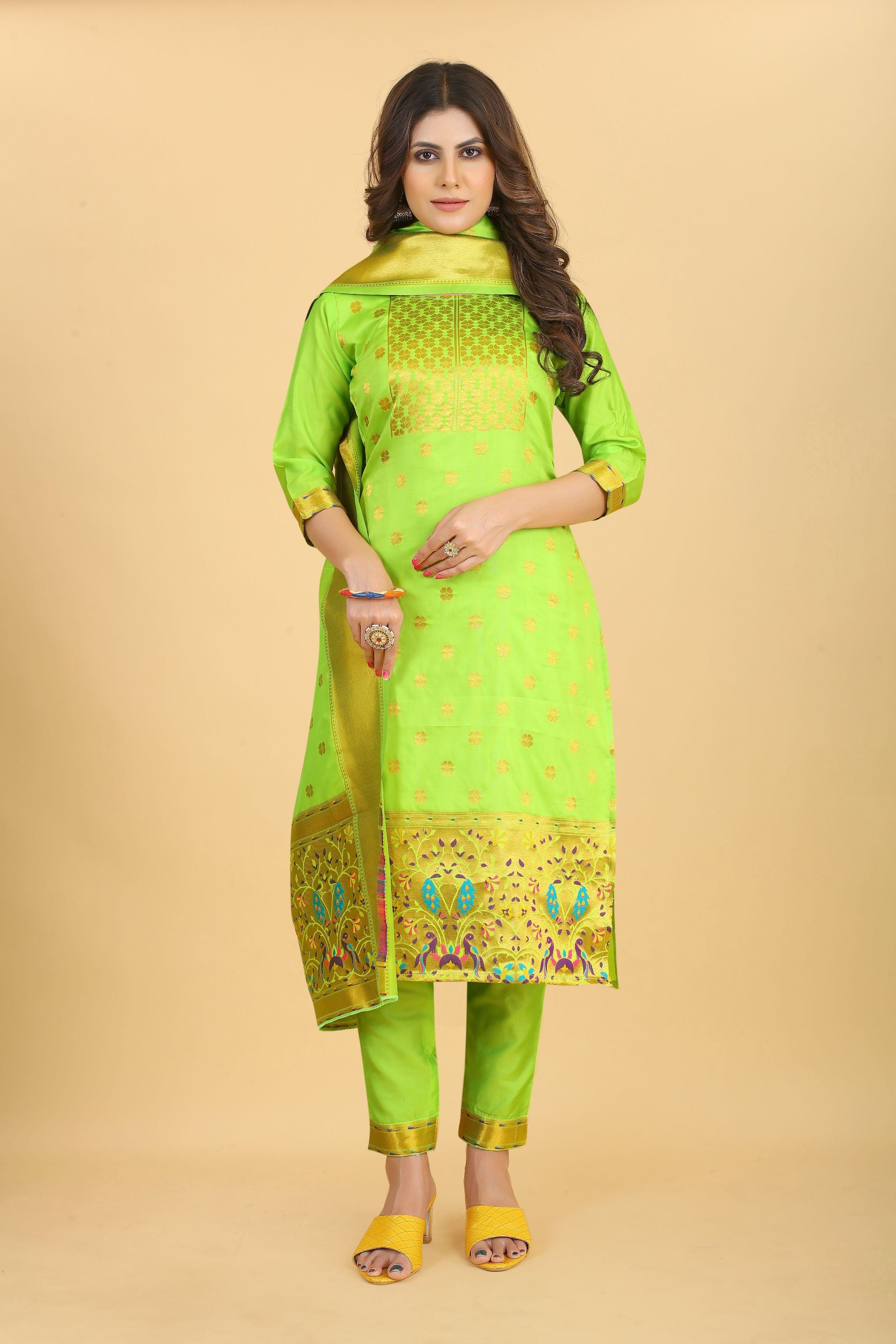 Lemon Green Color Part Wear Dress material for suits in Paithani Style