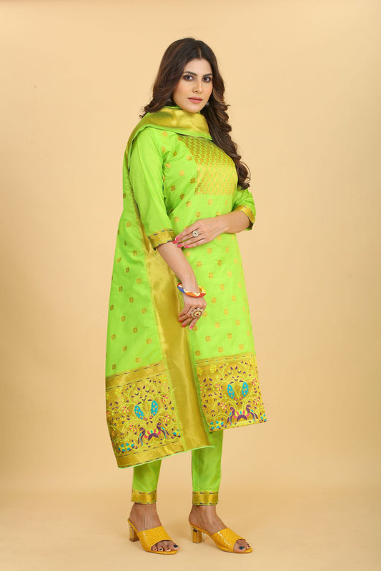 Paithani Silk With Zari Weaving Salwar Suit ( Unstitched ) Lemon