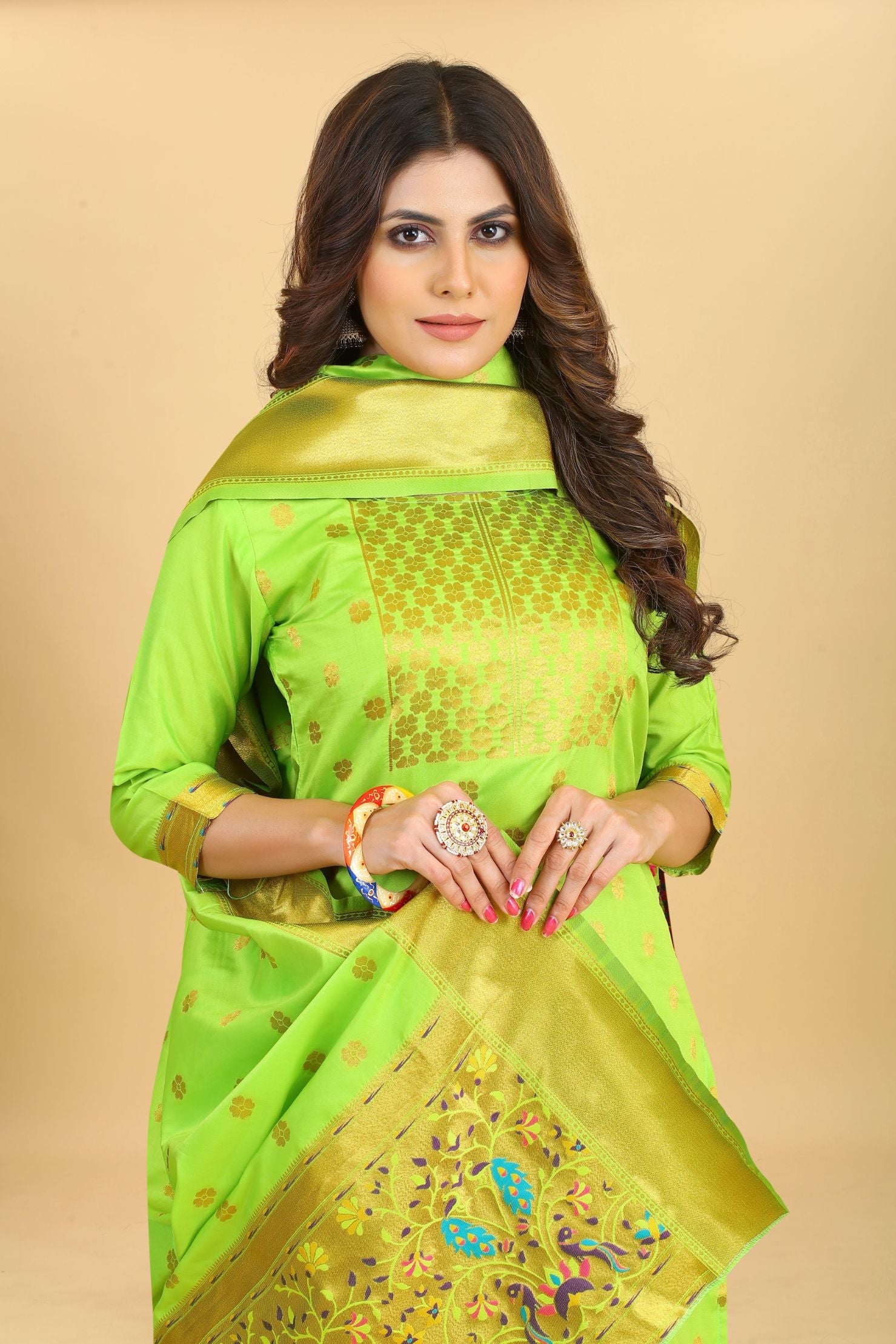 Lemon Green Color Part Wear Dress material for suits in Paithani Style