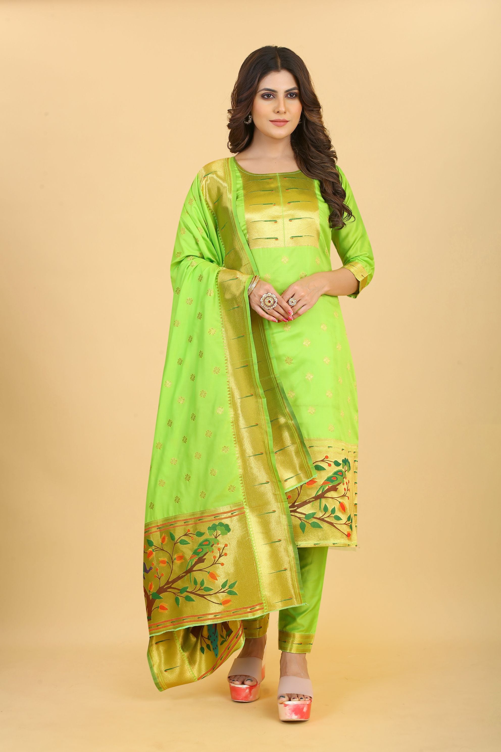 Lemon Green Color Paithani Style Design latest fashion in indian suits
