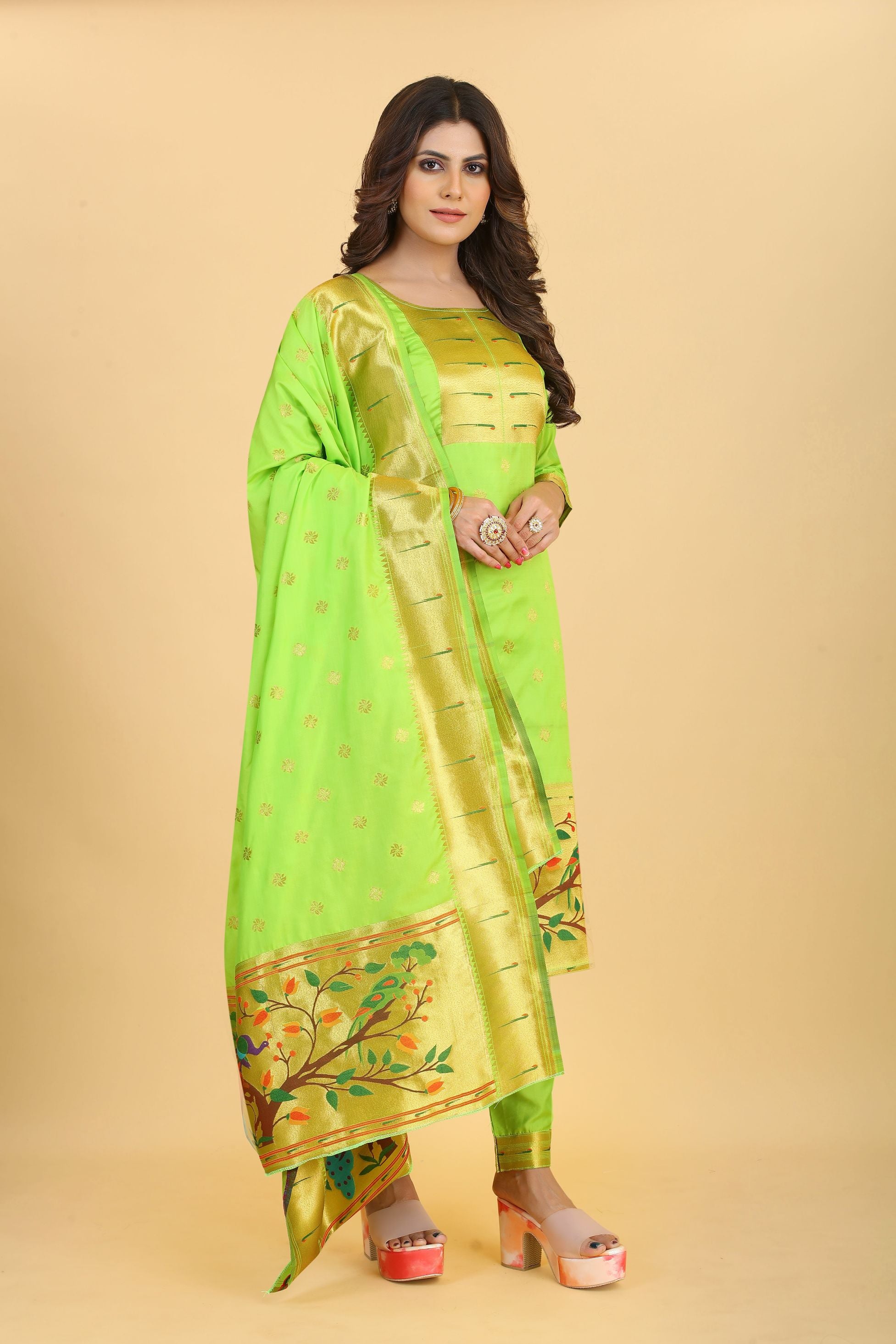 Lemon Green Color Paithani Style Design latest fashion in indian suits