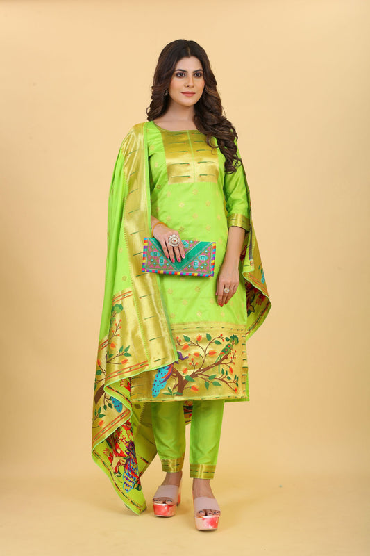 Paithani Silk With Zari Weaving Salwar Suit ( Unstitched ) Lemon