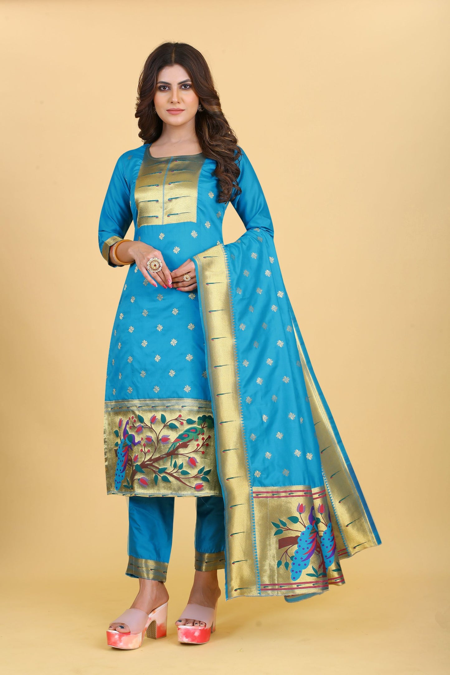 Paithani Silk With Zari Weaving Salwar Suit ( Unstitched ) Rama