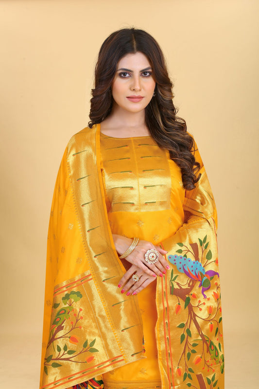 Paithani Silk With Zari Weaving Salwar Suit ( Unstitched ) Yellow