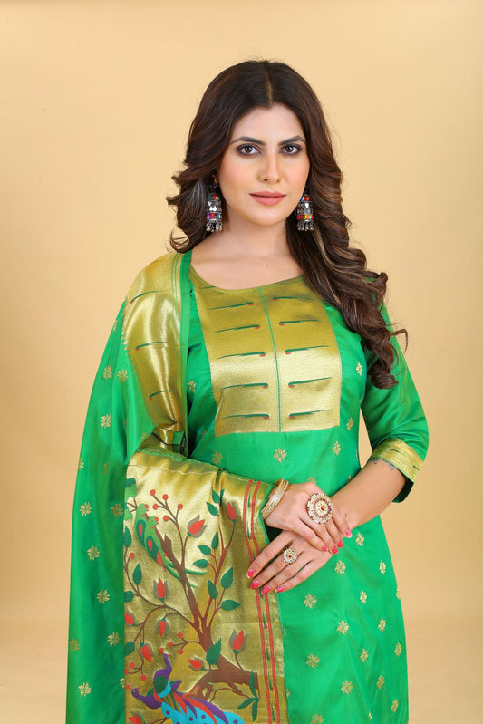 Paithani Silk With Zari Weaving Salwar Suit ( Unstitched ) Green