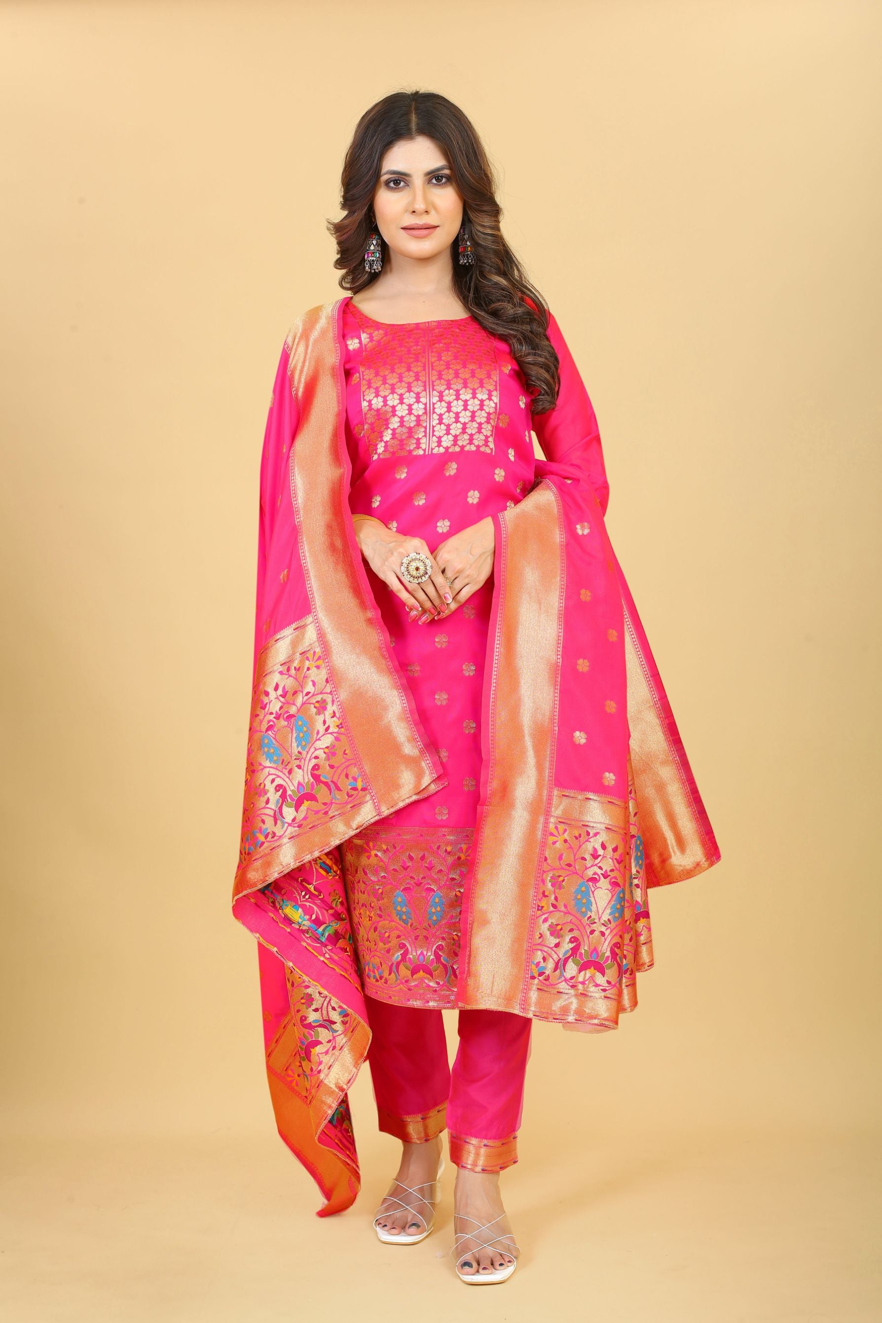 Pink Color Part Wear Dress material for suits in Paithani Style