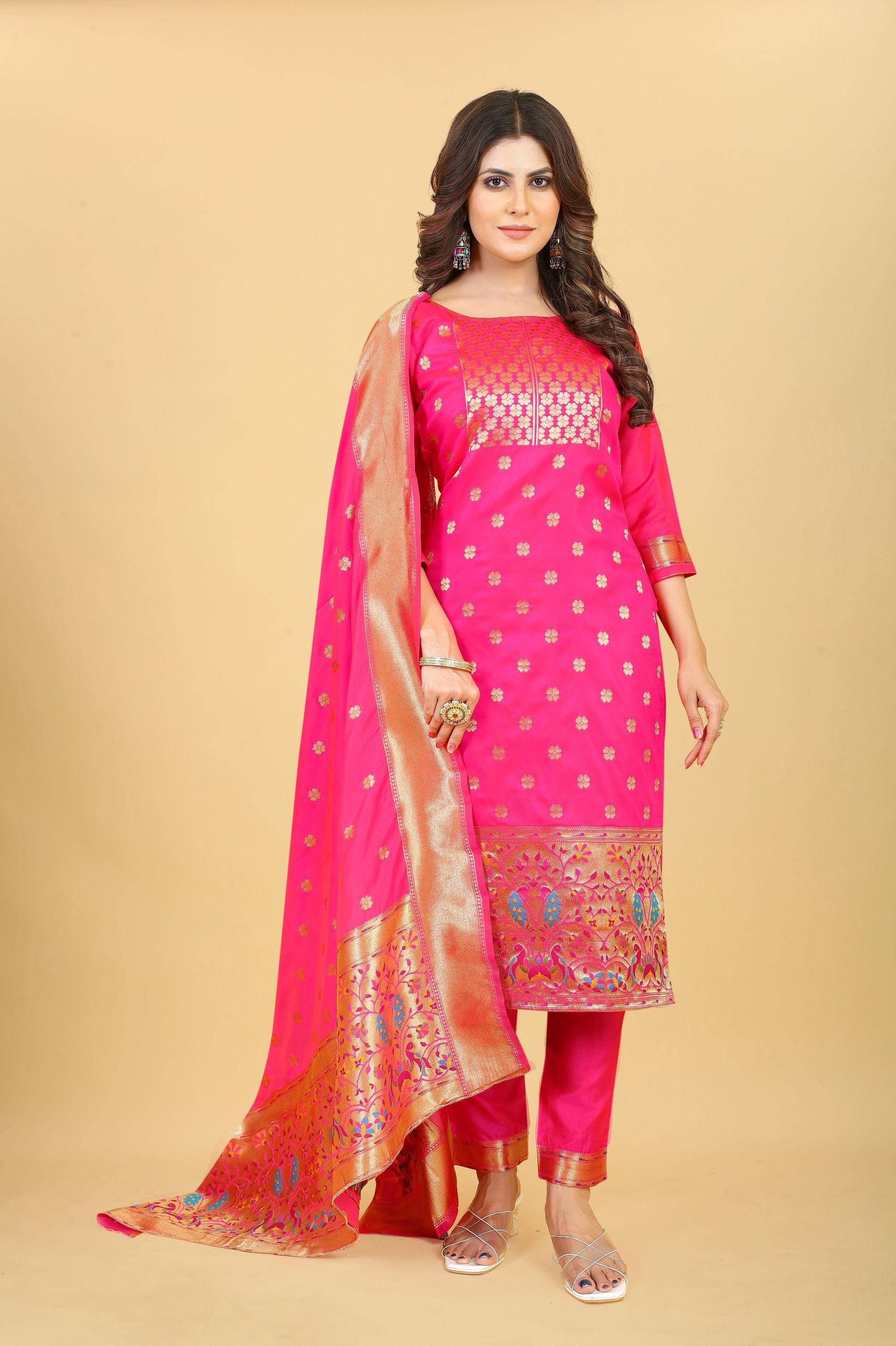 Pink Color Part Wear Dress material for suits in Paithani Style