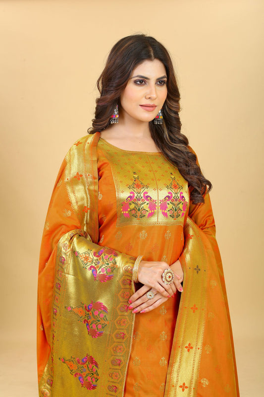 Paithani Silk With Zari Weaving Salwar Suit ( Unstitched ) Orange