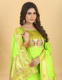 Lemon Green Color silk suits dress material in zari weaving work suits in Paithani Style