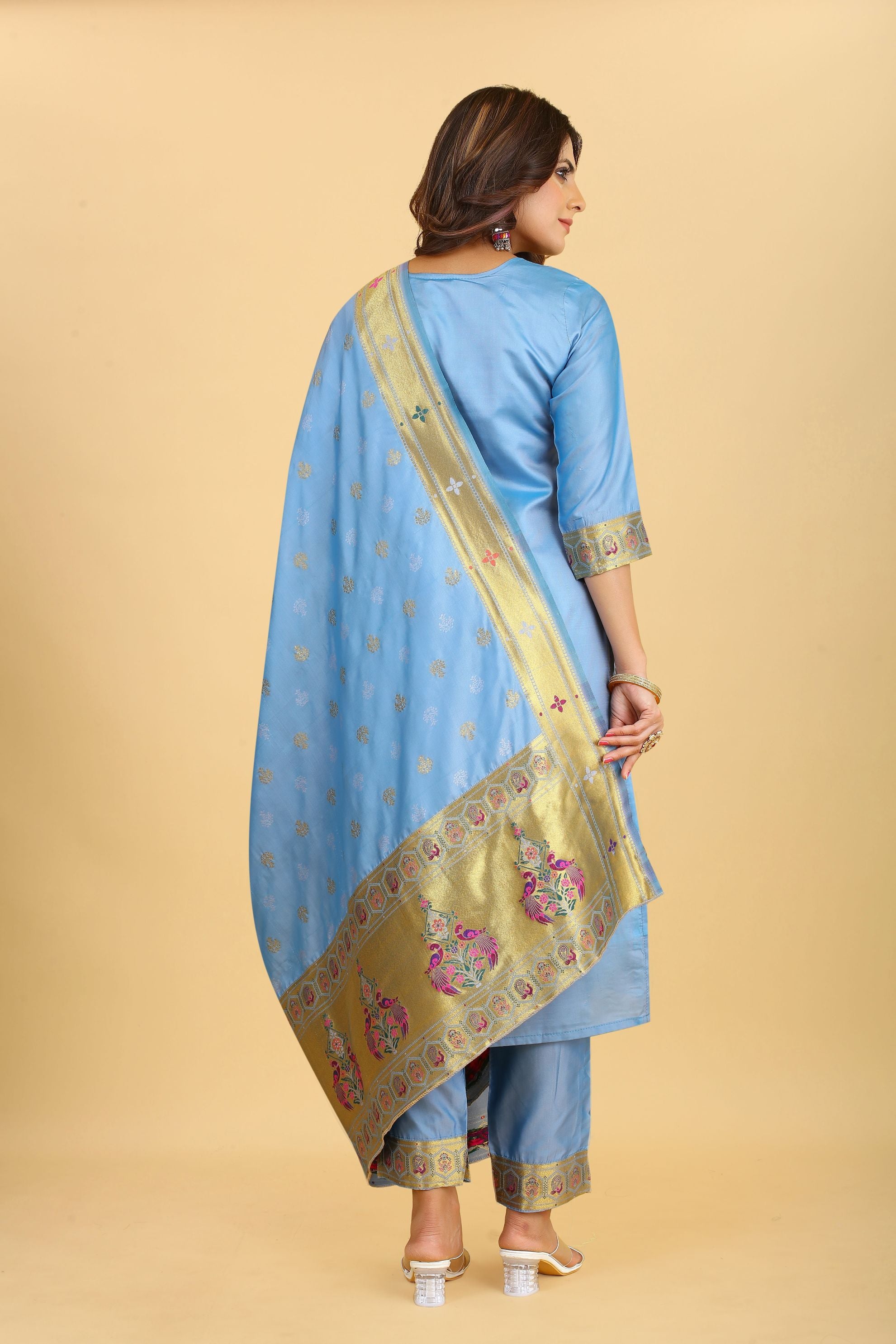 Sky Blue Color silk suits dress material in zari weaving work suits in Paithani Style