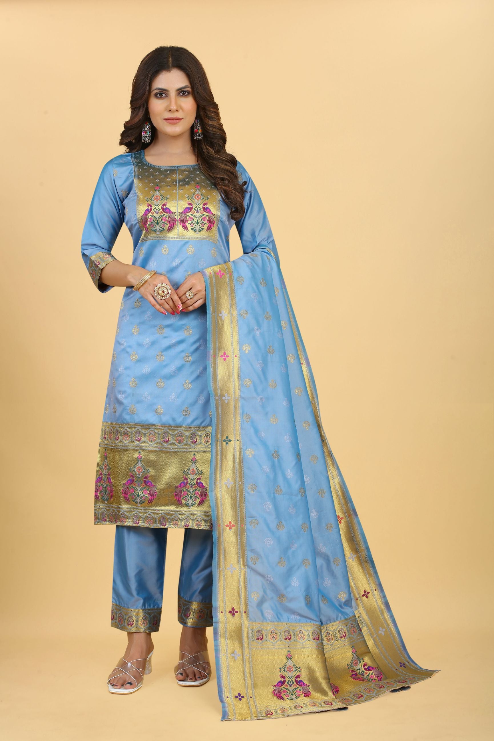 Sky Blue Color silk suits dress material in zari weaving work suits in Paithani Style