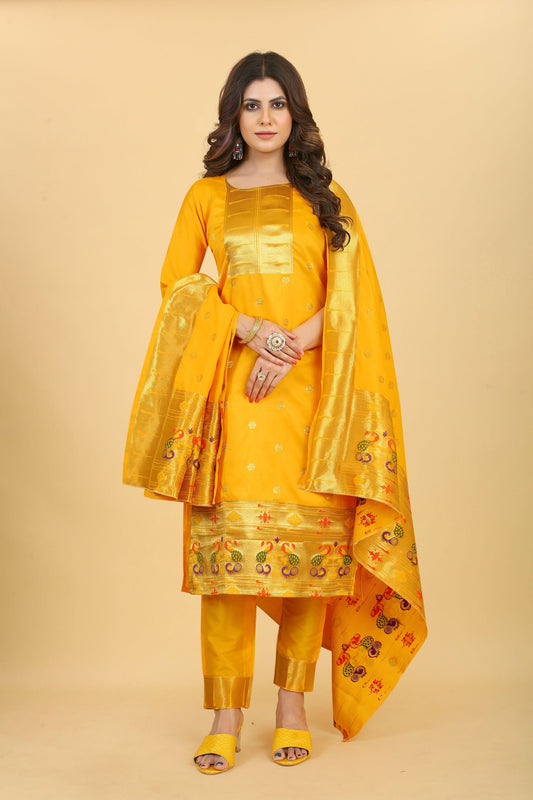 Paithani Silk With Zari Weaving Salwar Suit ( Unstitched ) Yellow