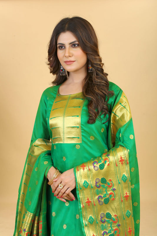 Paithani Silk With Zari Weaving Salwar Suit ( Unstitched ) Green