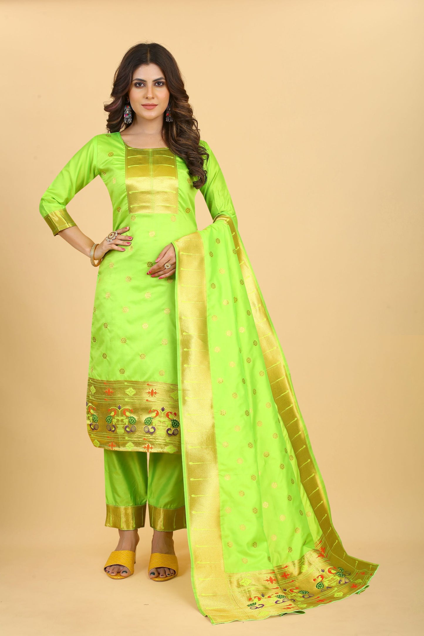 Paithani Silk With Zari Weaving Salwar Suit ( Unstitched ) Lemon