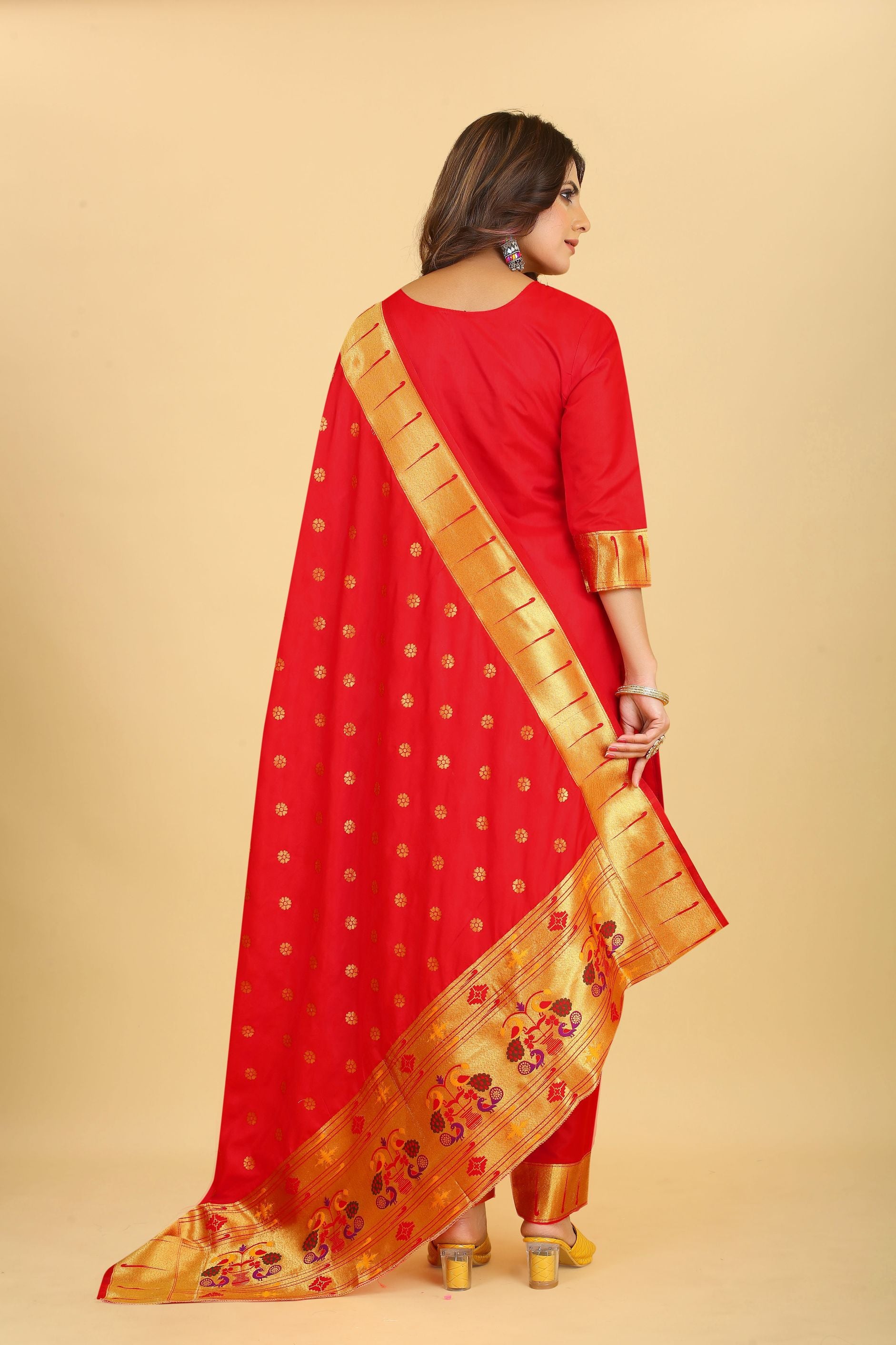 Red Color online dress material for suits in Paithani Style