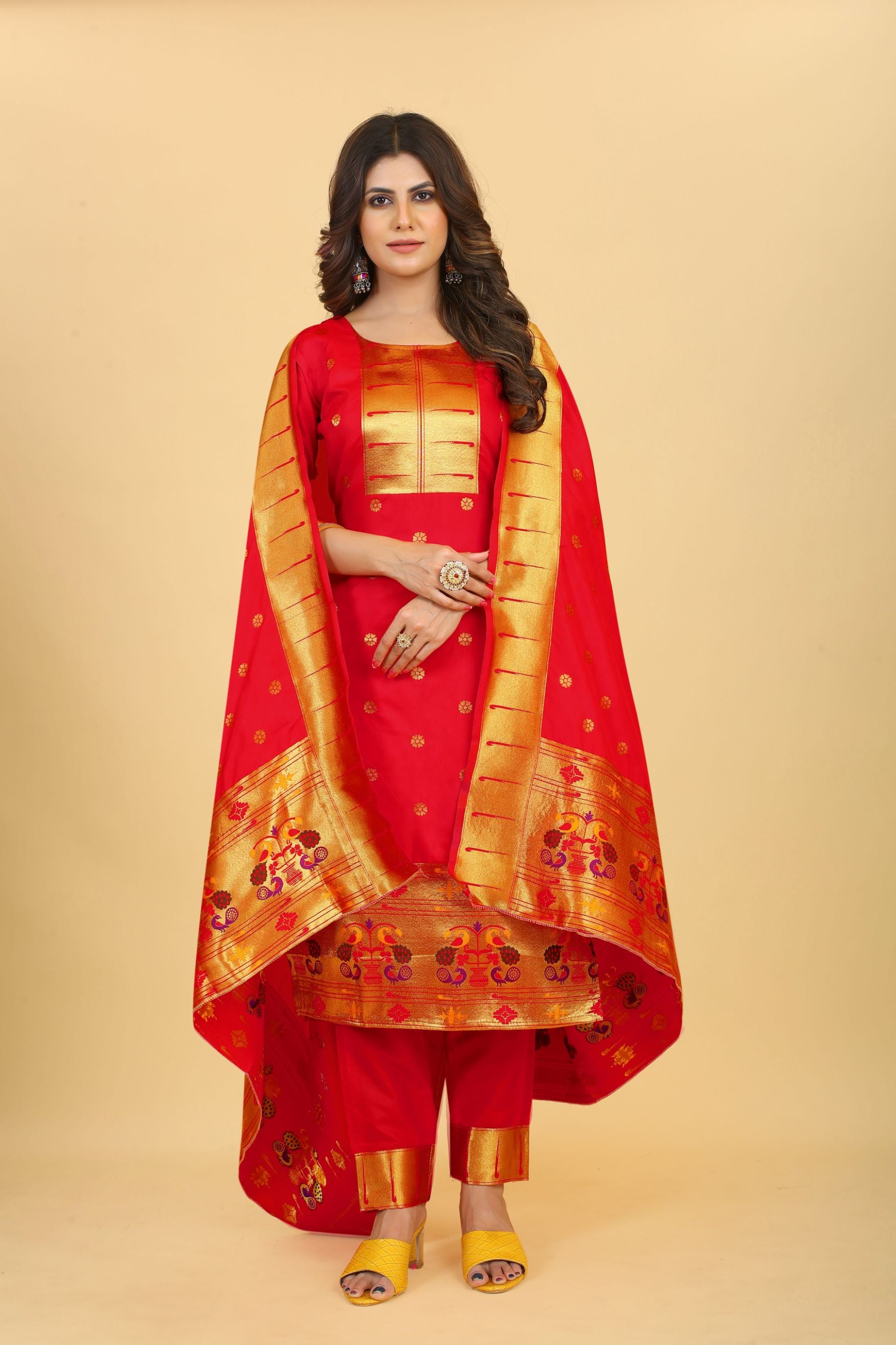 Red Color online dress material for suits in Paithani Style