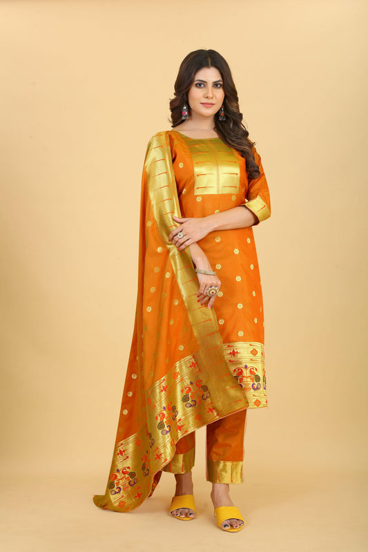 Paithani Silk With Zari Weaving Salwar Suit ( Unstitched ) Orange