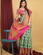 Sea green Color Kalamkari Pattu Silk Saree Beautiful Design Work Body and Pallu