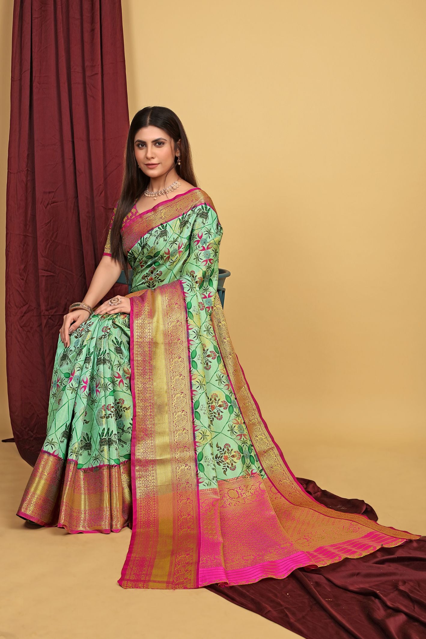Sea green Color Kalamkari Pattu Silk Saree Beautiful Design Work Body and Pallu