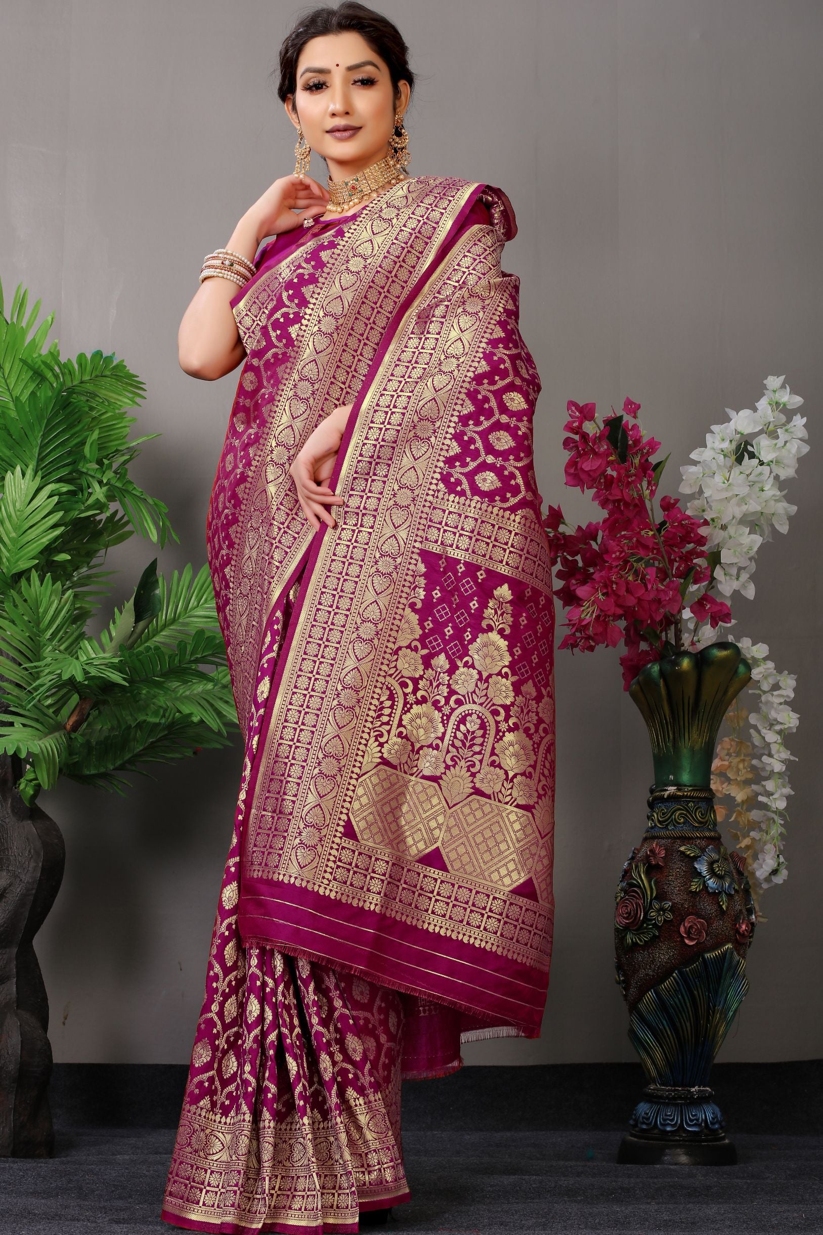 wine banarasi silk saree with golden zari weaving work