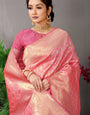 peach banarasi silk saree with golden zari weaving work