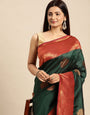 Green Color Party wear banarasi silk saree with contrast Border And Pallu.