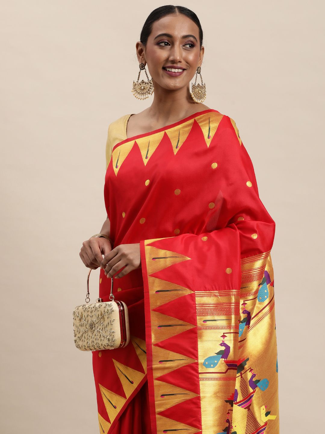 red traditional paithani saree for woman fancy look