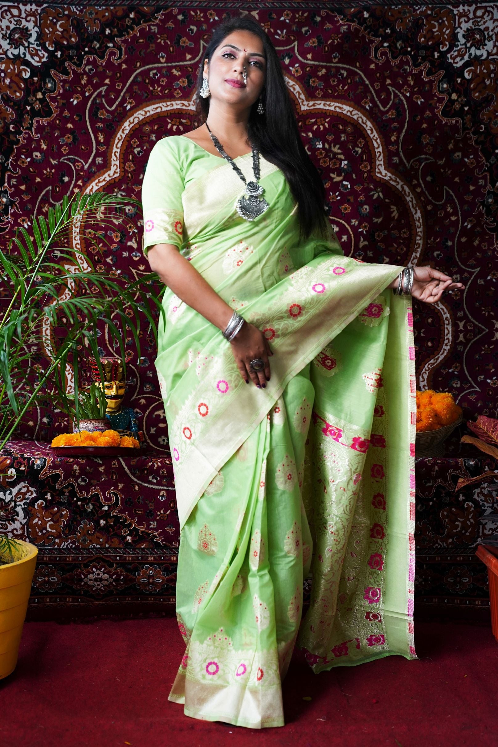 Pista Green color color handloom linen silk saree with meenakari rich pallu and blouse