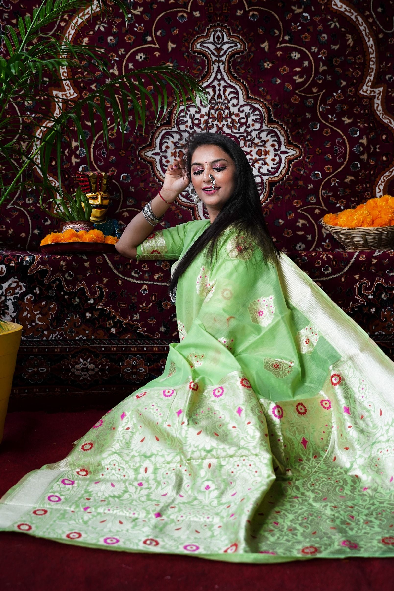 Pista Green color color handloom linen silk saree with meenakari rich pallu and blouse