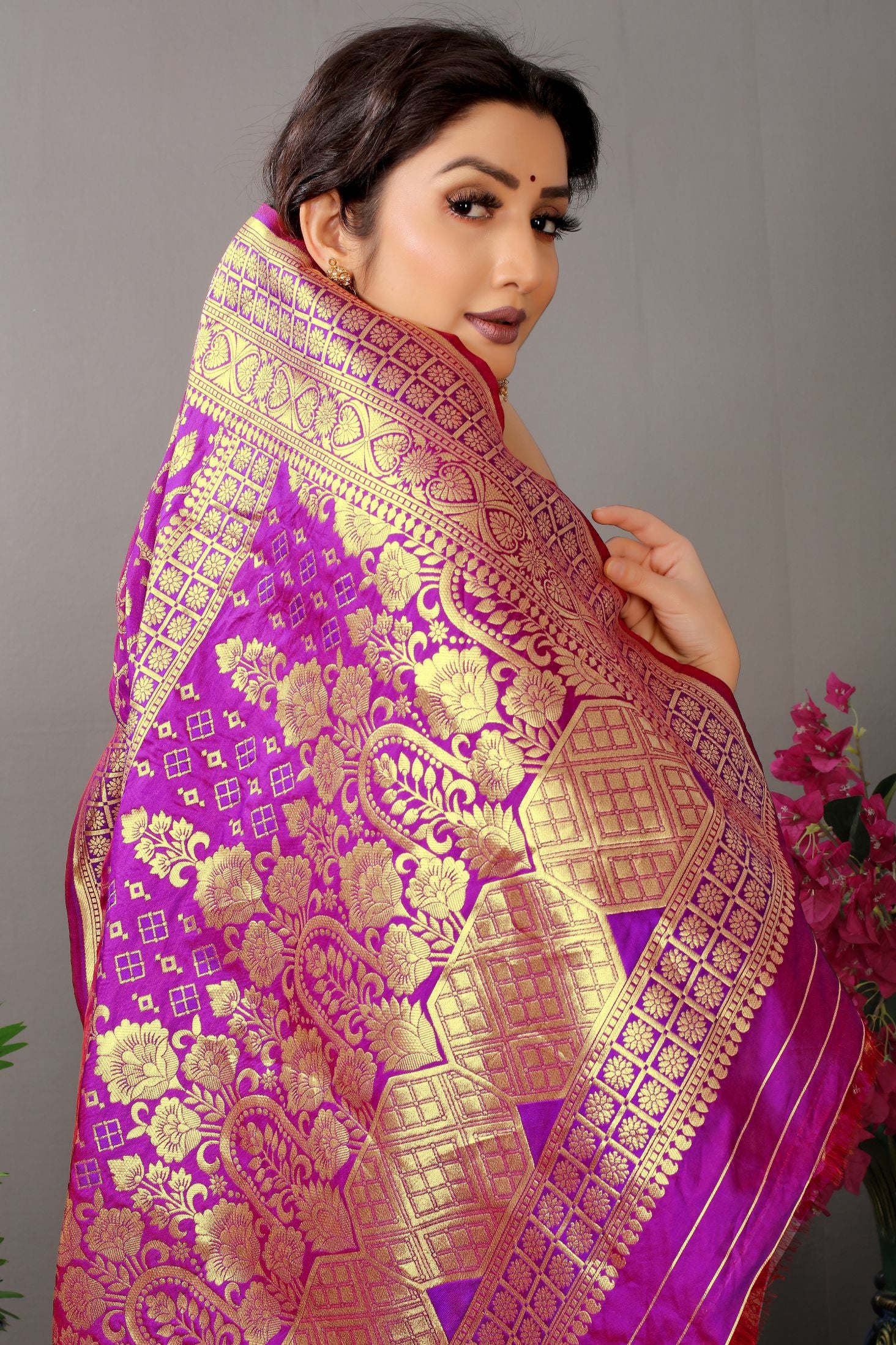 purple banarasi silk saree with golden zari weaving work