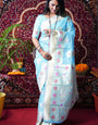 Sea green color handloom linen silk saree with meenakari rich pallu and blouse