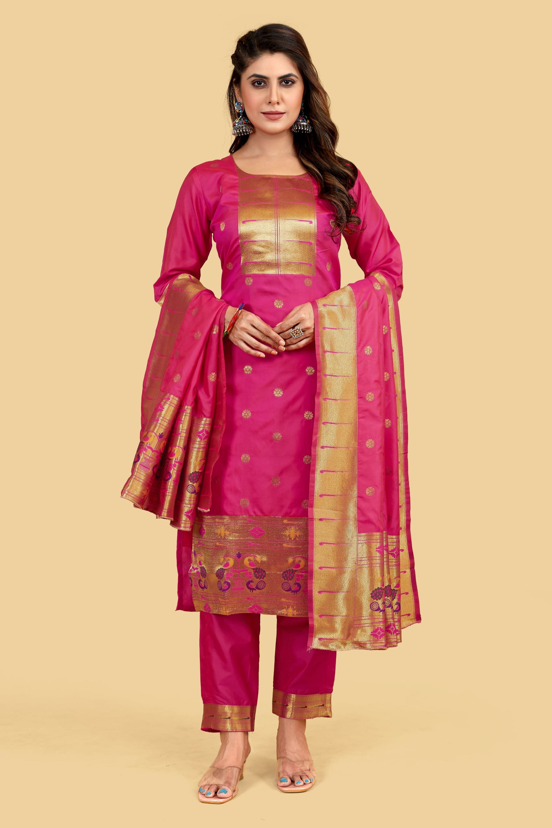 Pink Color online dress material for suits in Paithani Style