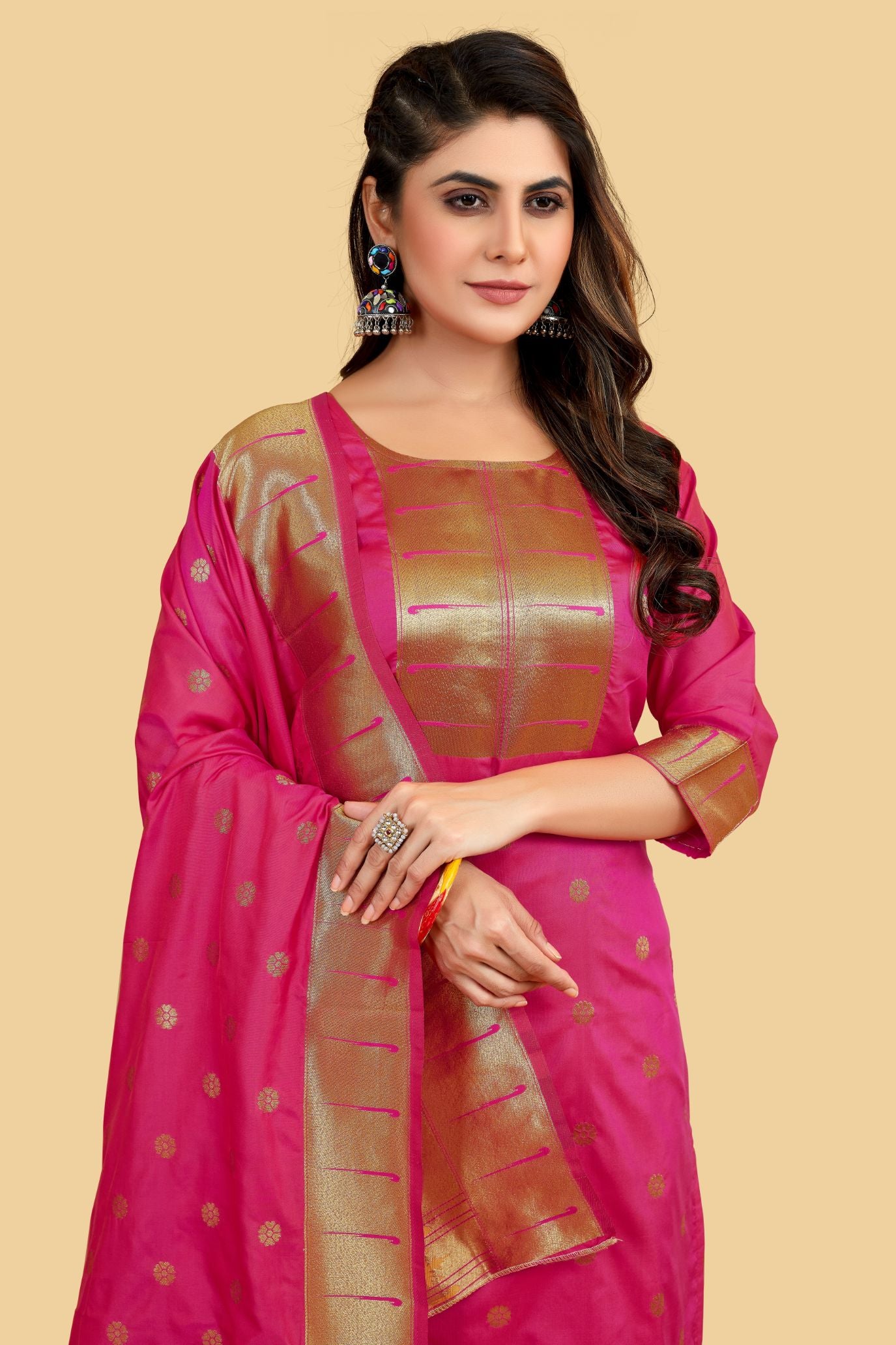 Pink Color online dress material for suits in Paithani Style