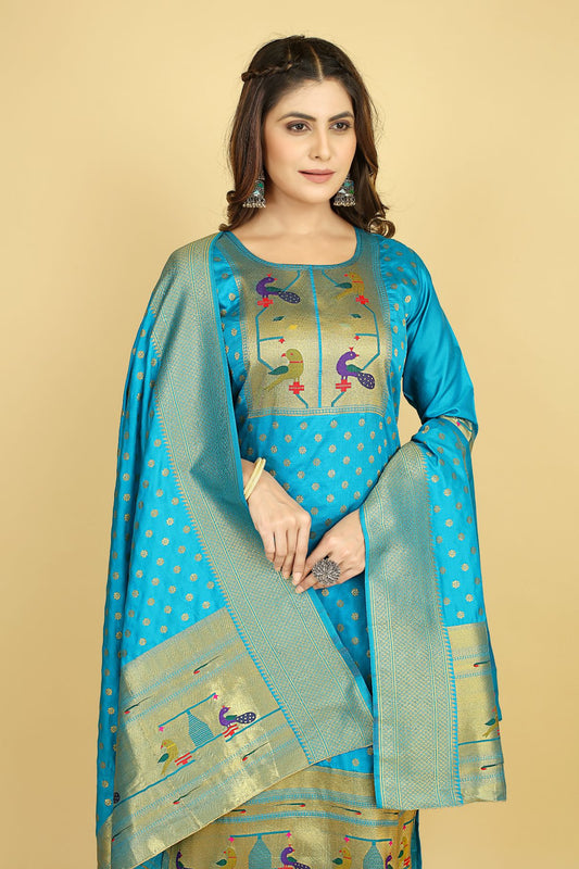 Paithani Silk With Zari Weaving Salwar Suit ( Unstitched ) Rama