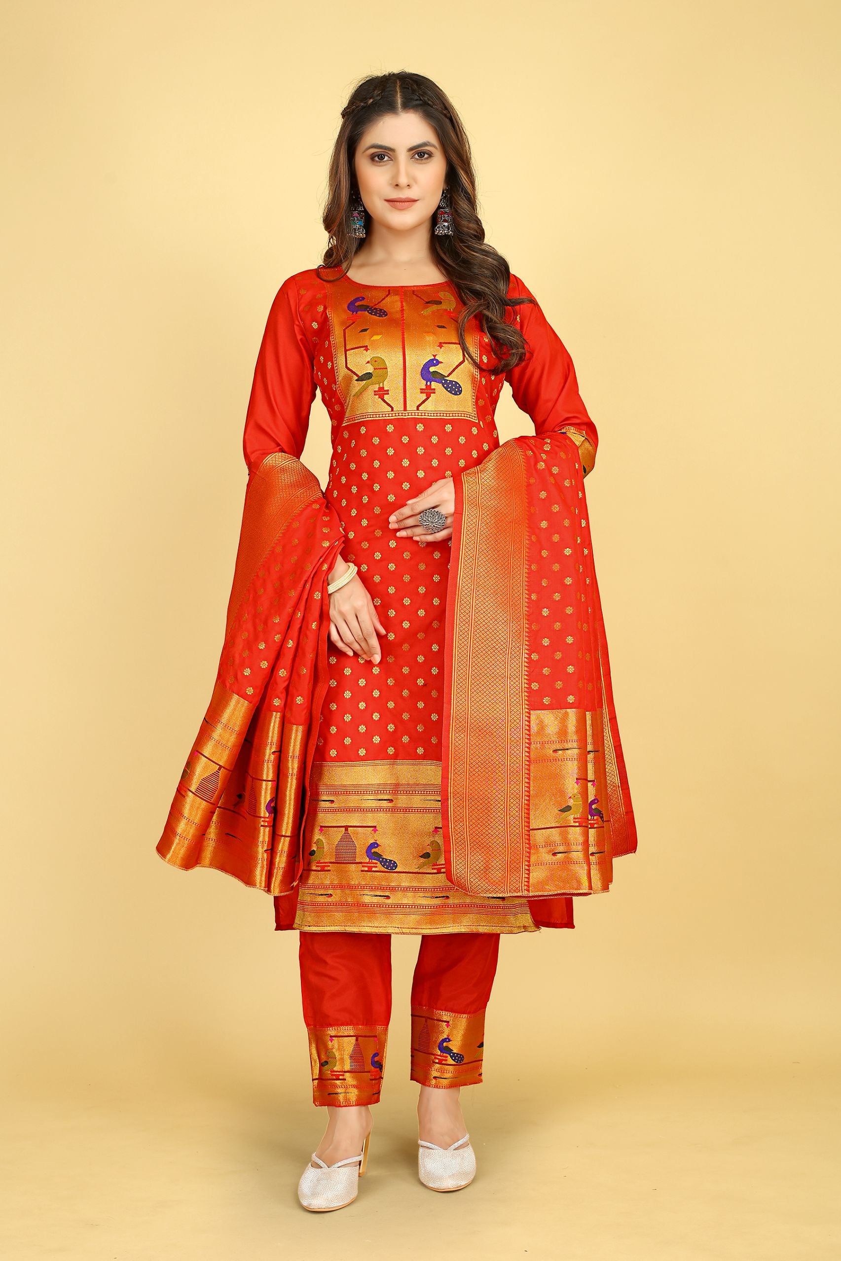Red Color latest indian suits fashion in zari weaving work suits in Paithani Style