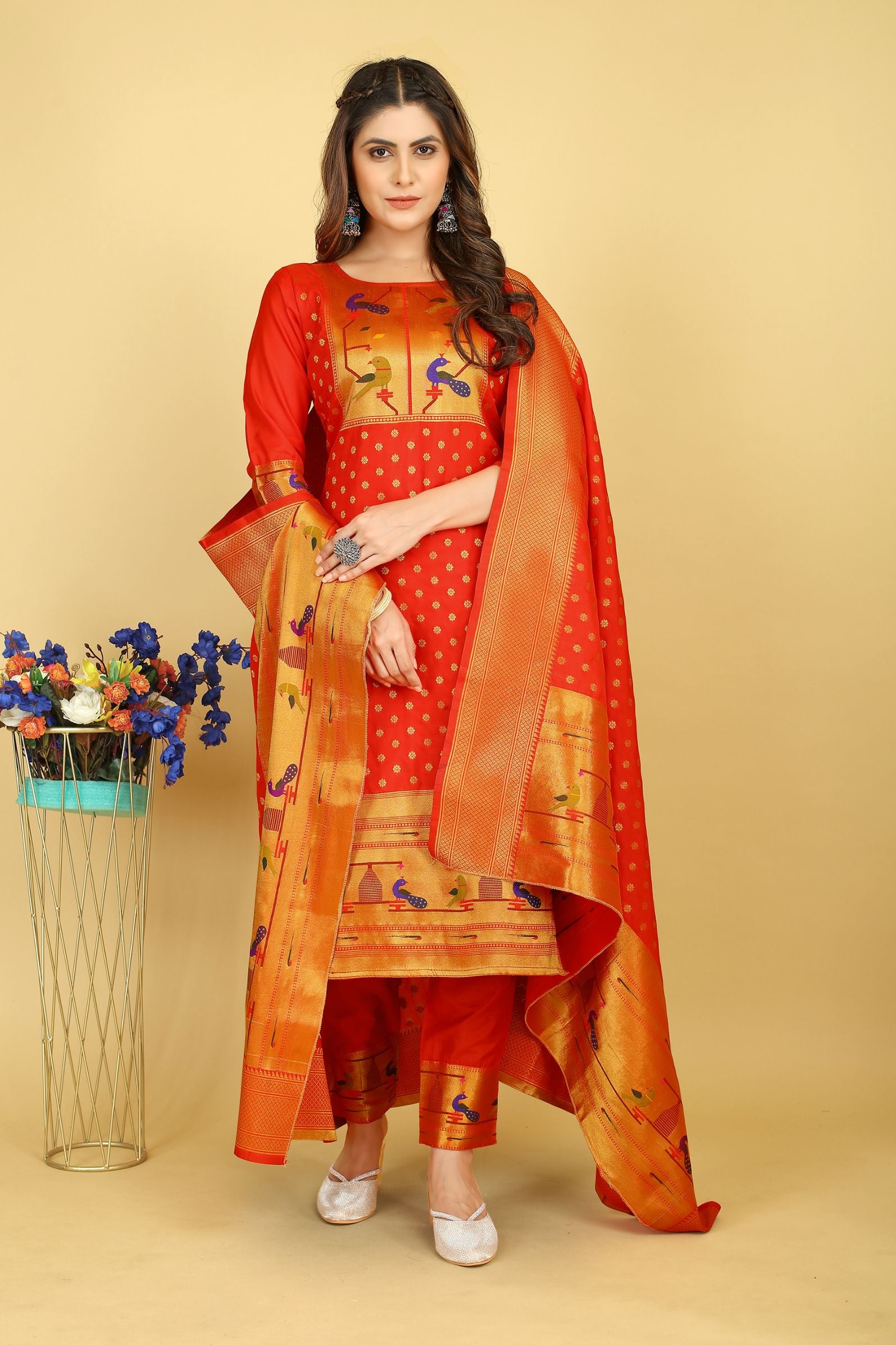 Red Color latest indian suits fashion in zari weaving work suits in Paithani Style