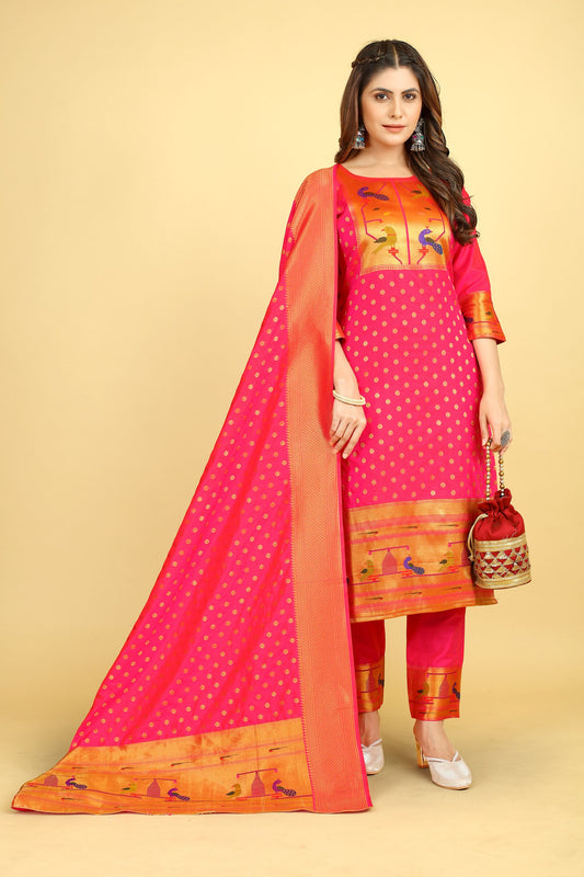 Paithani Silk With Zari Weaving Salwar Suit ( Unstitched ) Pink