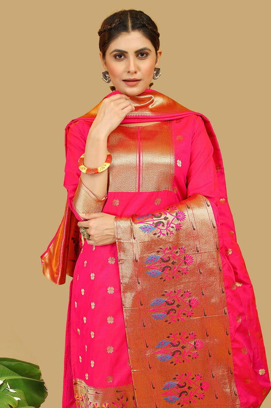 Paithani Silk With Zari Weaving Salwar Suit ( Unstitched ) Pink