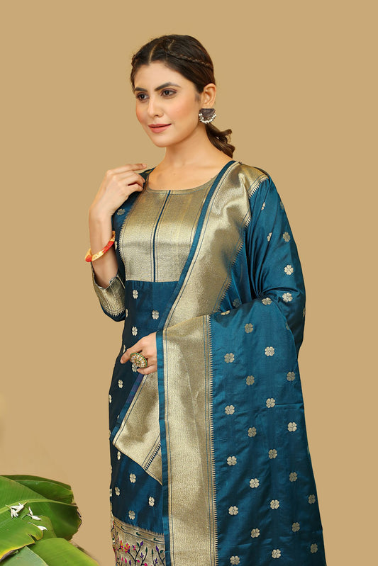 Paithani Silk With Zari Weaving Salwar Suit ( Unstitched ) Rama