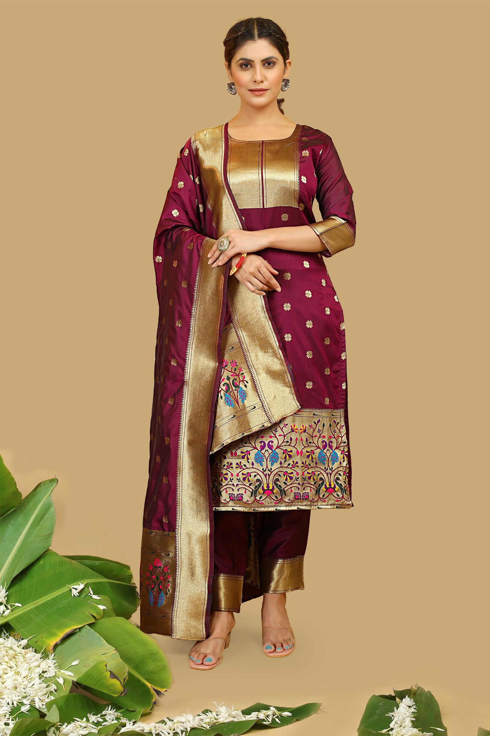 Wine Color Party wear Dress material for suits in Paithani Style