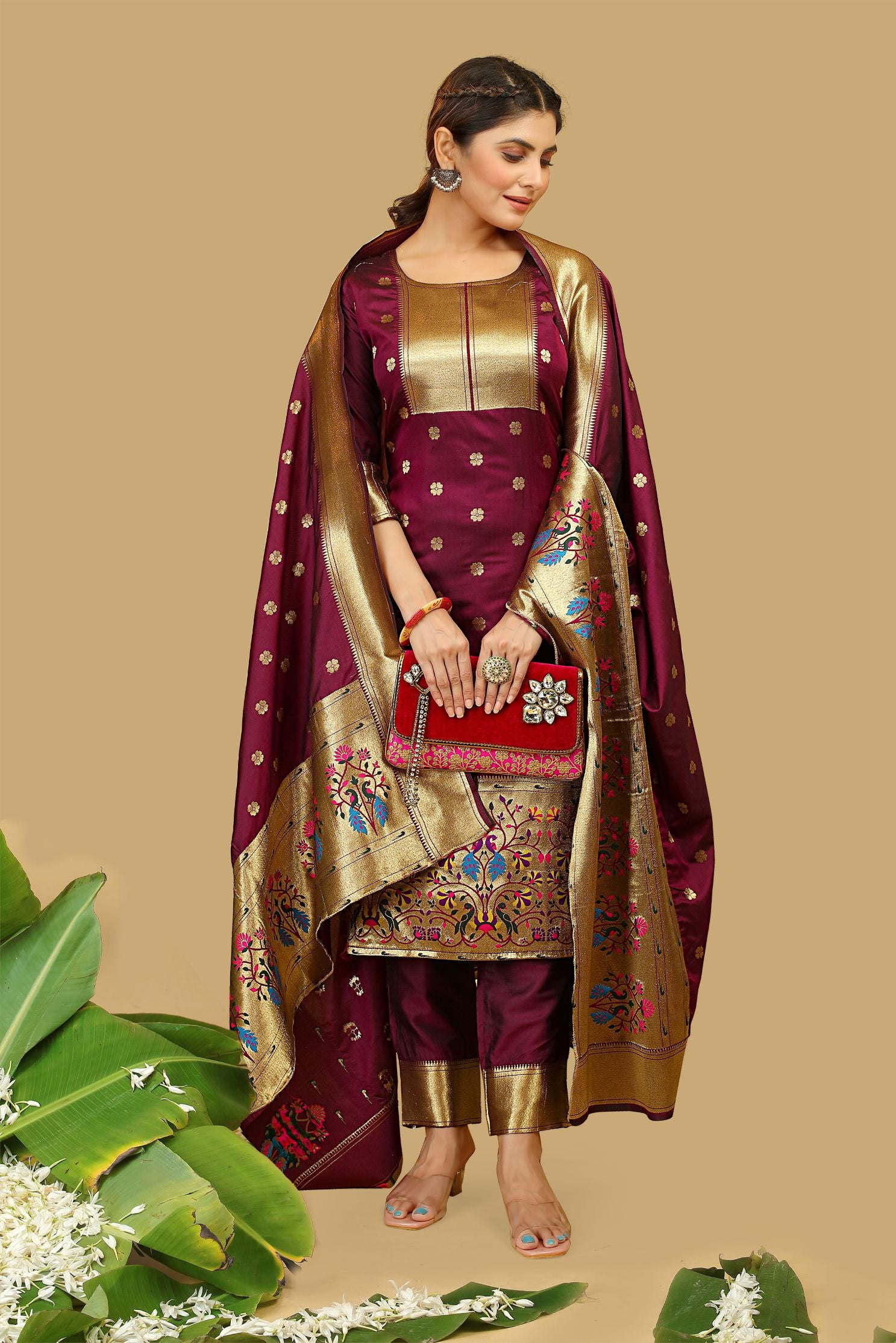 Wine Color Party wear Dress material for suits in Paithani Style