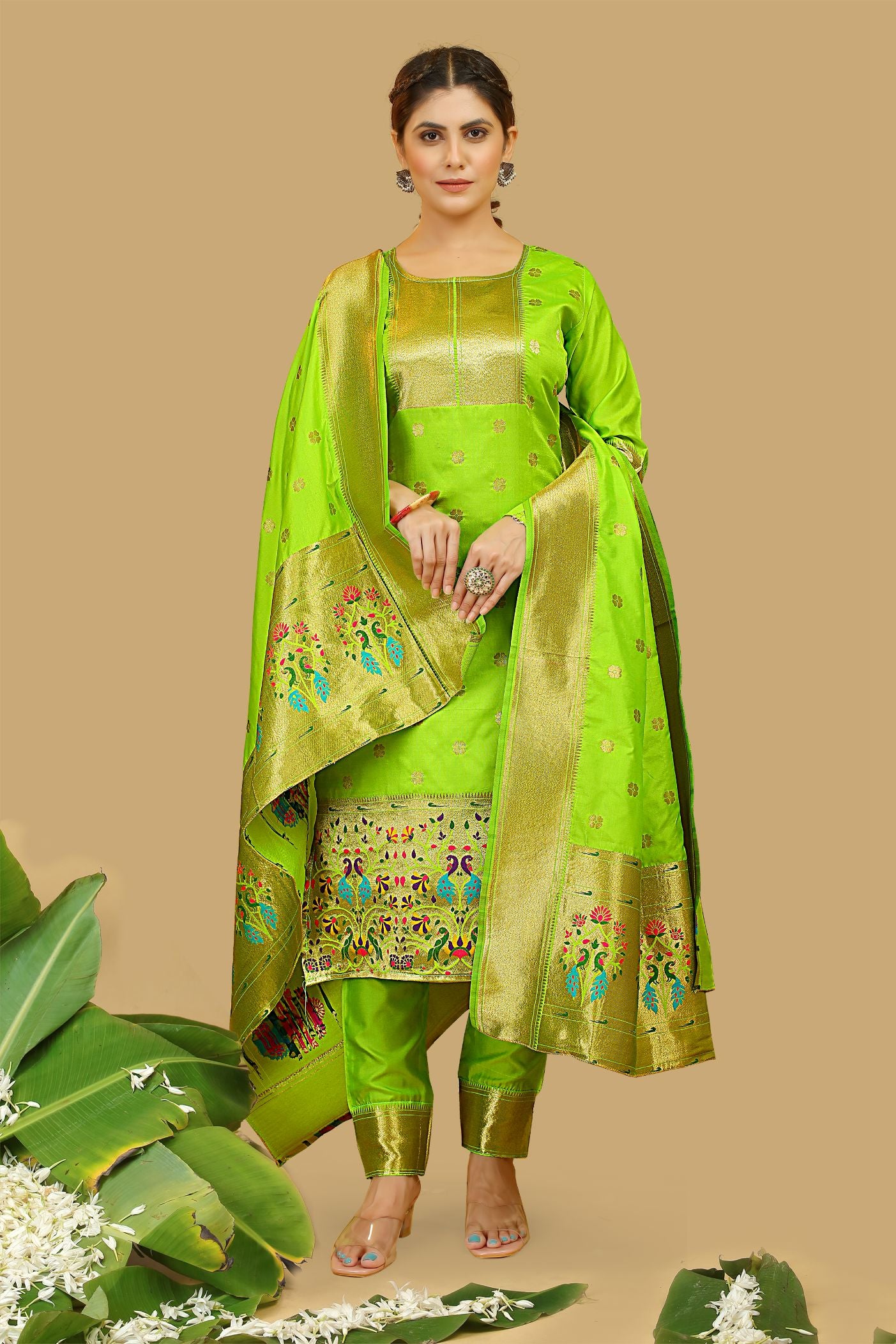 Lemon Green Color Party wear Dress material for suits in Paithani Style