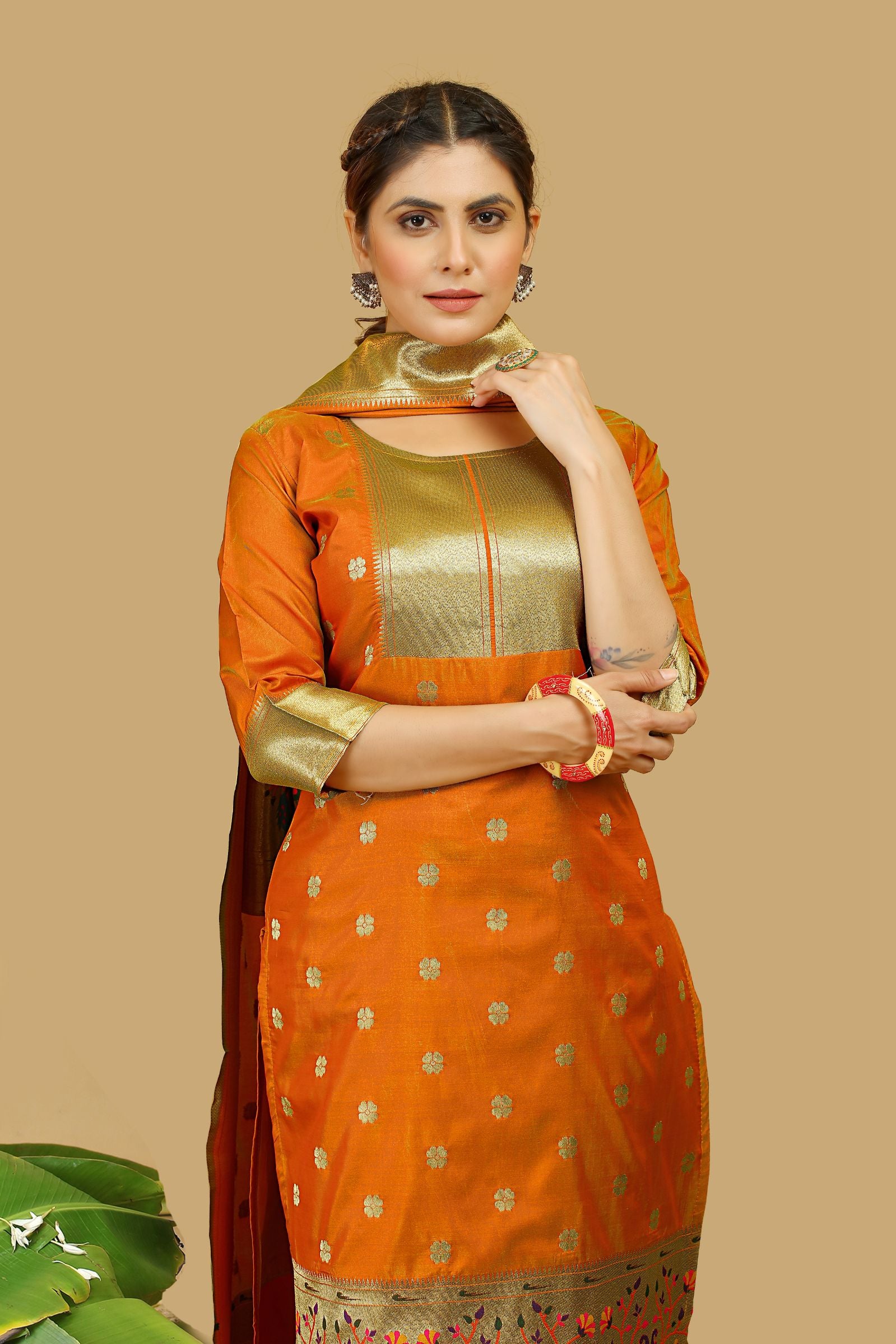 Orange Color Party wear Dress material for suits in Paithani Style