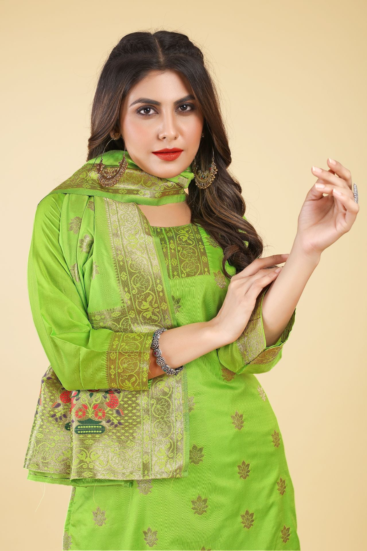 Lemon Green Color Ladies Unstich suit dress material in Paithani Style