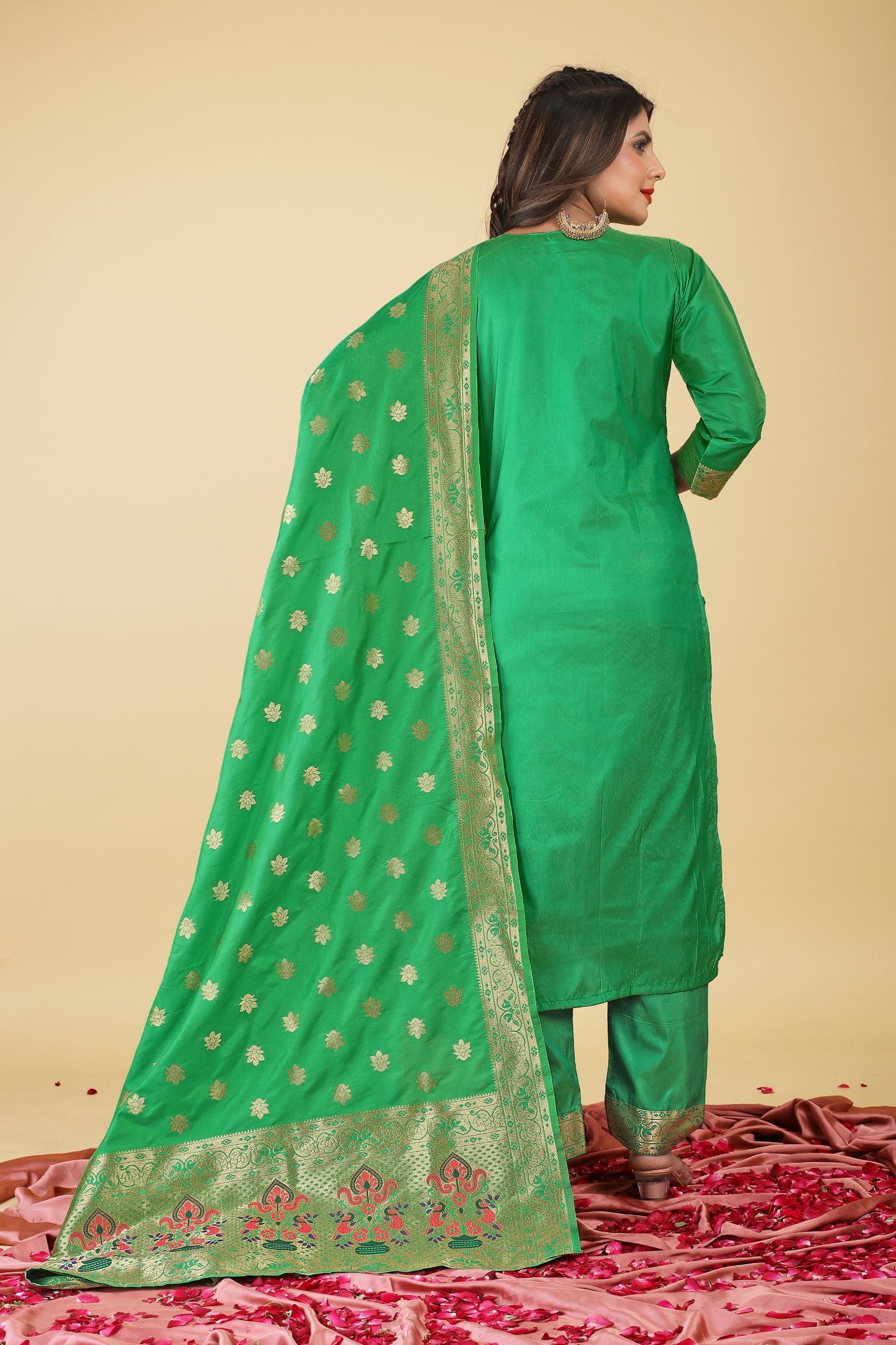 Green Color Ladies Unstich suit dress material in Paithani Style