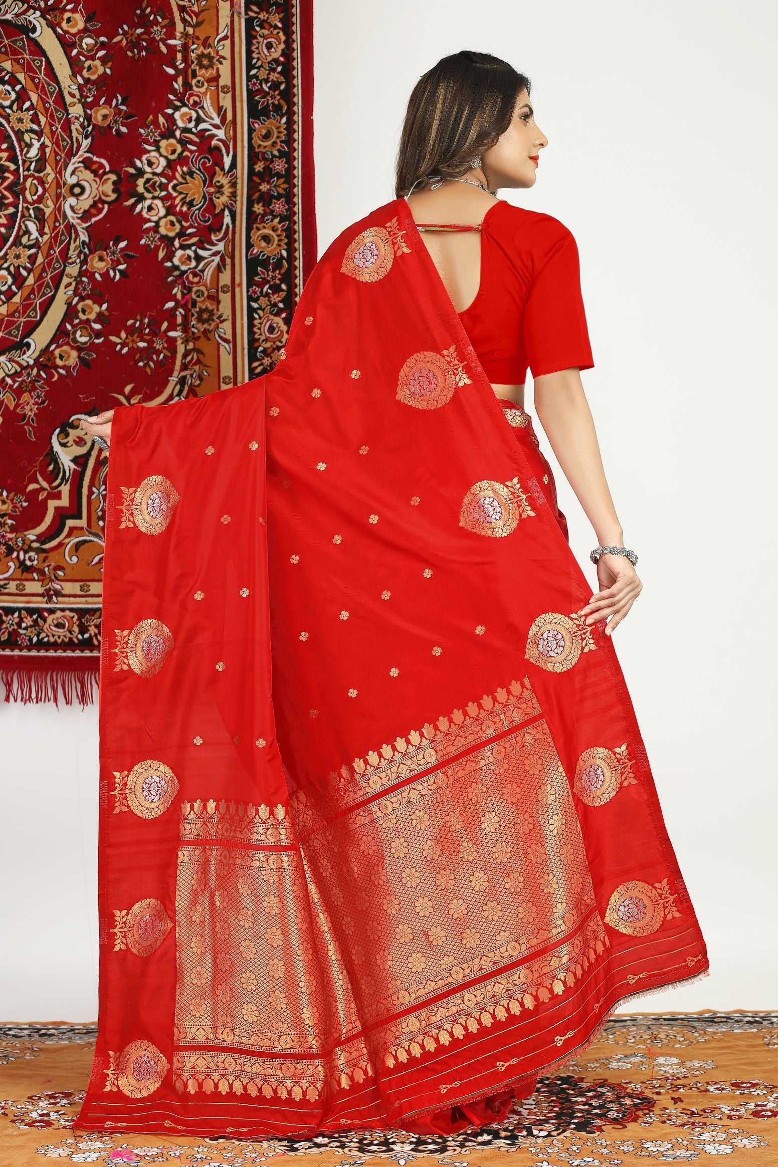 Red Color Designer Heavy Look Banarasi Silk Saree Silver Gold Zari Weaving Work And