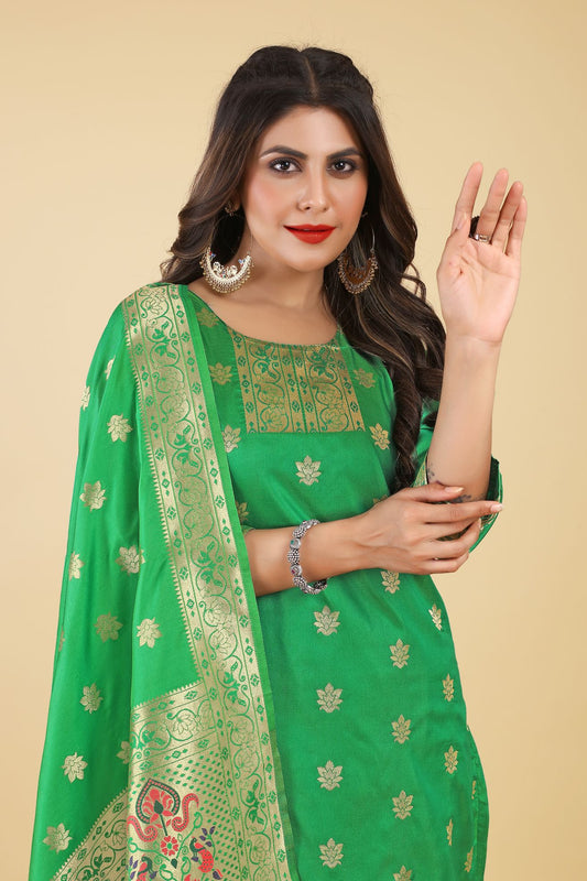 Paithani Silk With Zari Weaving Salwar Suit ( Unstitched ) Green